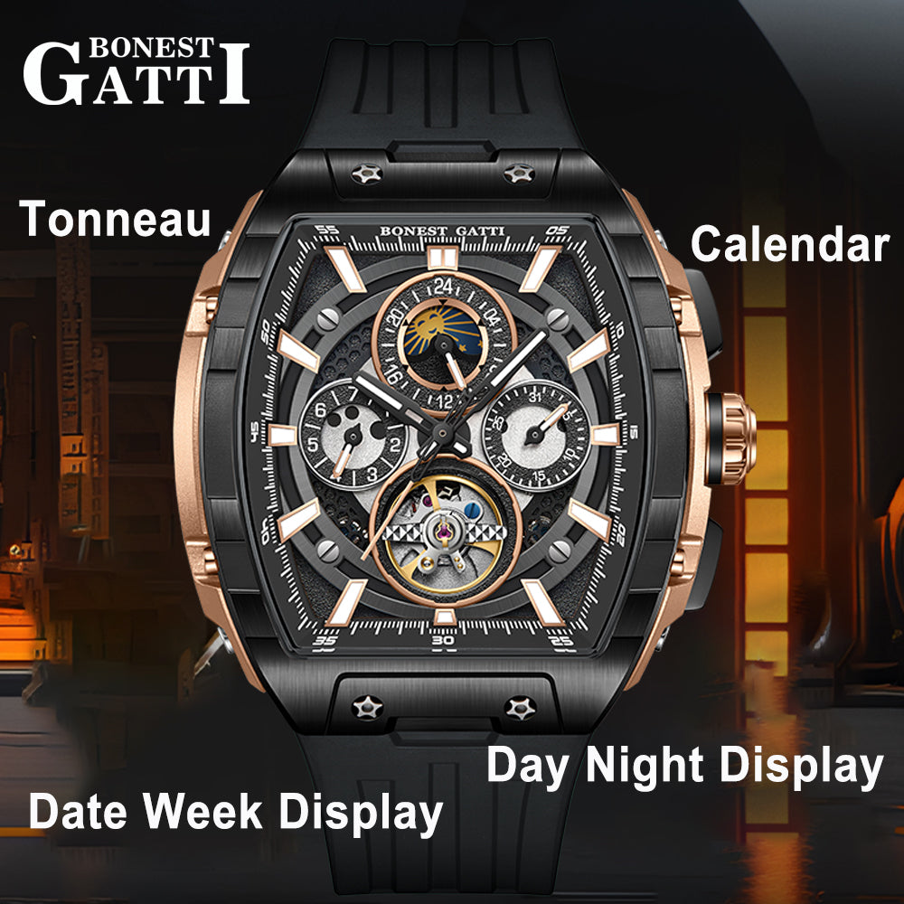 BONEST GATTI Automatic Tonneau Watch Calendar Week Display Skeleton Self Wind Movement Sapphire Crystal Luminous Watch BG5005