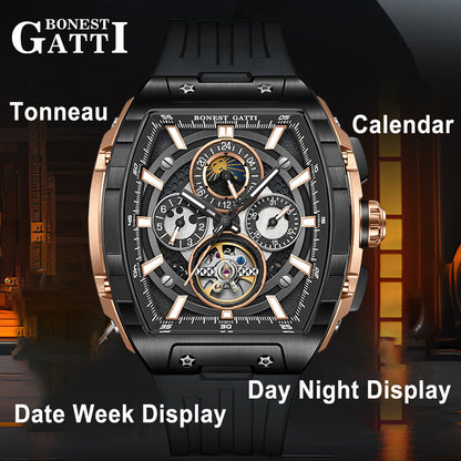 BONEST GATTI Automatic Tonneau Watch Calendar Week Display Skeleton Self Wind Movement Sapphire Crystal Luminous Watch BG5005