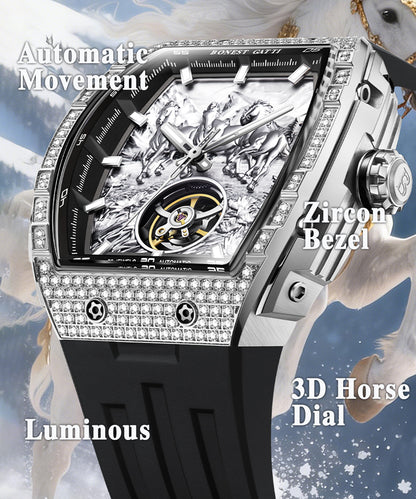 BONEST GATTI Horse Automatic Tonneau Men Watch Zircon Bezel Skeleton Self Wind Movement Sapphire Crystal Luminous Watch BG5006