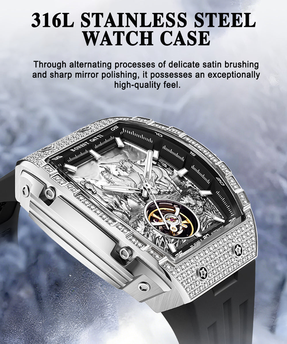 BONEST GATTI Horse Automatic Tonneau Men Watch Zircon Bezel Skeleton Self Wind Movement Sapphire Crystal Luminous Watch BG5006