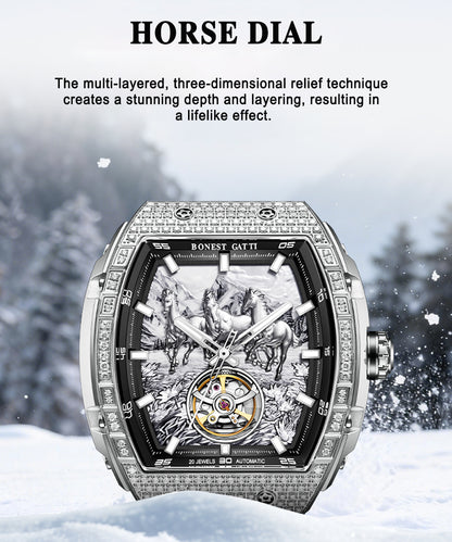 BONEST GATTI Horse Automatic Tonneau Men Watch Zircon Bezel Skeleton Self Wind Movement Sapphire Crystal Luminous Watch BG5006