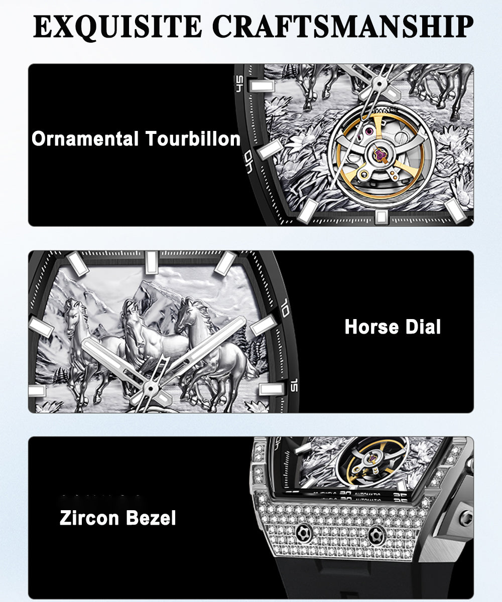 BONEST GATTI Horse Automatic Tonneau Men Watch Zircon Bezel Skeleton Self Wind Movement Sapphire Crystal Luminous Watch BG5006
