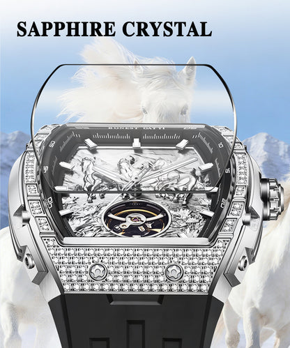 BONEST GATTI Horse Automatic Tonneau Men Watch Zircon Bezel Skeleton Self Wind Movement Sapphire Crystal Luminous Watch BG5006