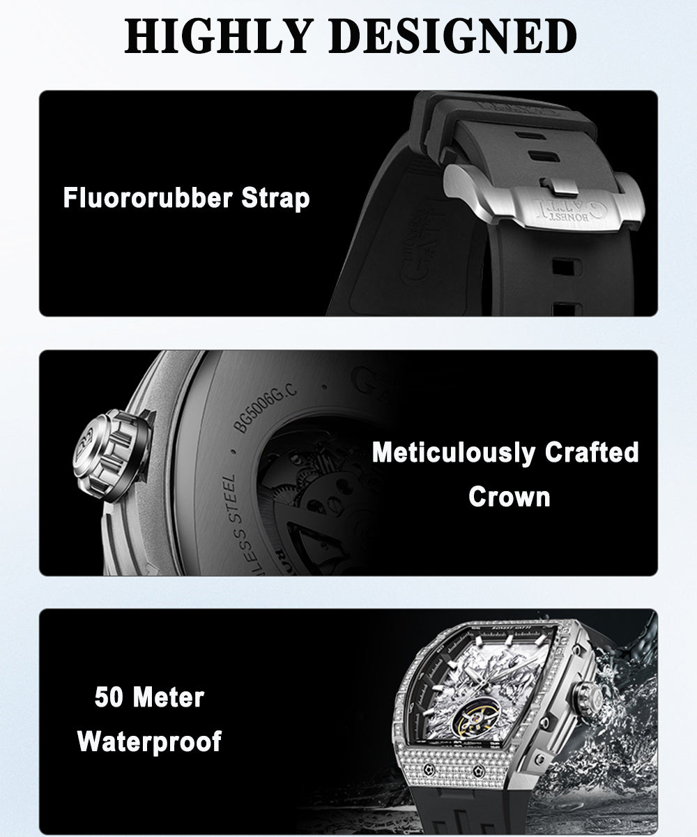 BONEST GATTI Horse Automatic Tonneau Men Watch Zircon Bezel Skeleton Self Wind Movement Sapphire Crystal Luminous Watch BG5006