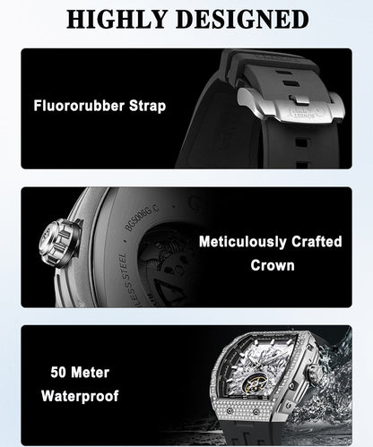 BONEST GATTI Horse Automatic Tonneau Men Watch Zircon Bezel Skeleton Self Wind Movement Sapphire Crystal Luminous Watch BG5006