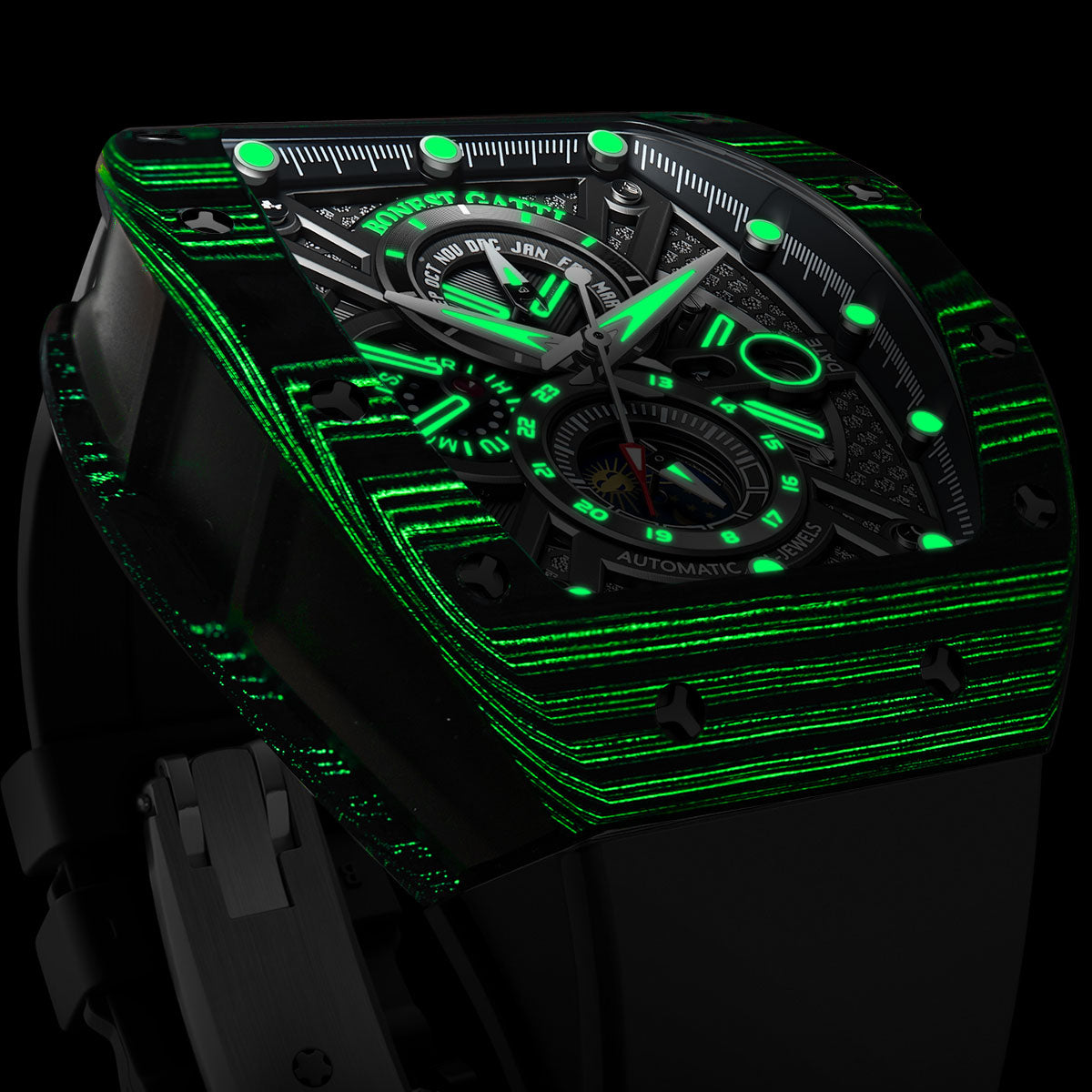BONEST GATTI Automatic Tonneau Watch Carbon Fiber Month Week Date Display Skeleton Self Wind Movement Sapphire Crystal Luminous Watch BG9007