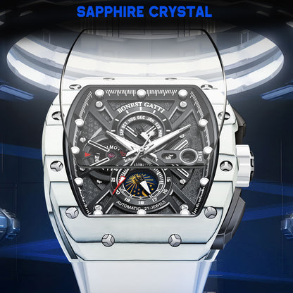 BONEST GATTI Automatic Tonneau Watch Carbon Fiber Month Week Date Display Skeleton Self Wind Movement Sapphire Crystal Luminous Watch BG9007