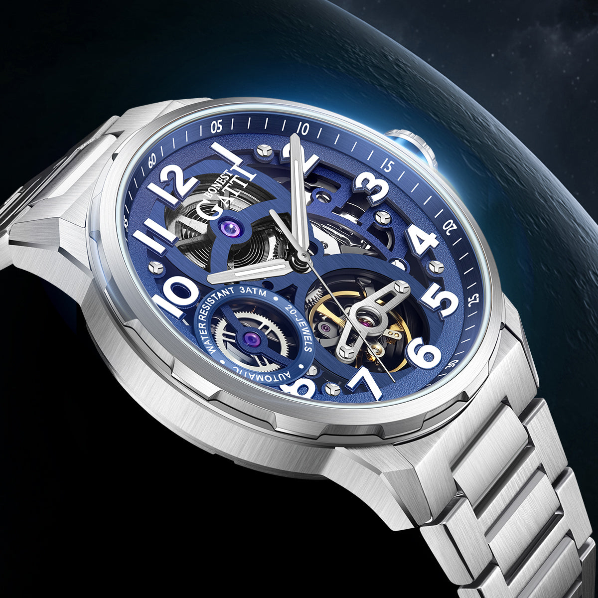 BONEST GATTI Automatic Skeleton Watch Self Wind Movement Sapphire Crystal Luminous Watch BG8010