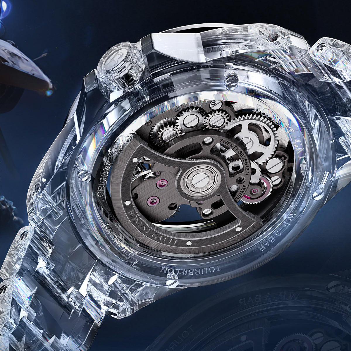 BONEST GATTI K9 Cryatal Case Strap Automatic Skeleton Tourbillon Watch BG7007