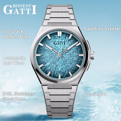 BONEST GATTI Automatic Men Watch Ice Crack Pattern Dial Self Wind Movement Sapphire Crystal Luminous Business Watch BG8013