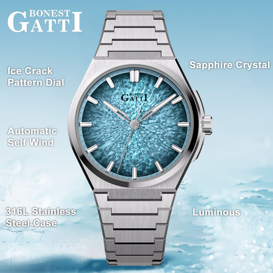 BONEST GATTI Automatic Men Watch Ice Crack Pattern Dial Self Wind Movement Sapphire Crystal Luminous Business Watch BG8013