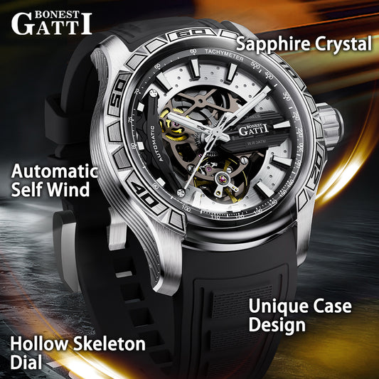 BONEST GATTI Hollow Skeleton Automatic Men Watch Self Wind Movement Sapphire Crystal Luminous Watch with Fluororubber Strap BG4005