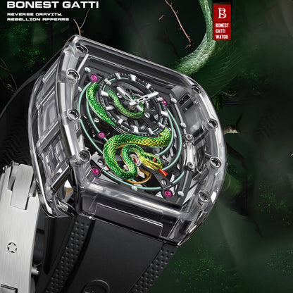 BONEST GATTI Transparent Tonneau Case 3D Snake Dial Skeleton Movement Fluororubber Strap Watch Luminous BG6004