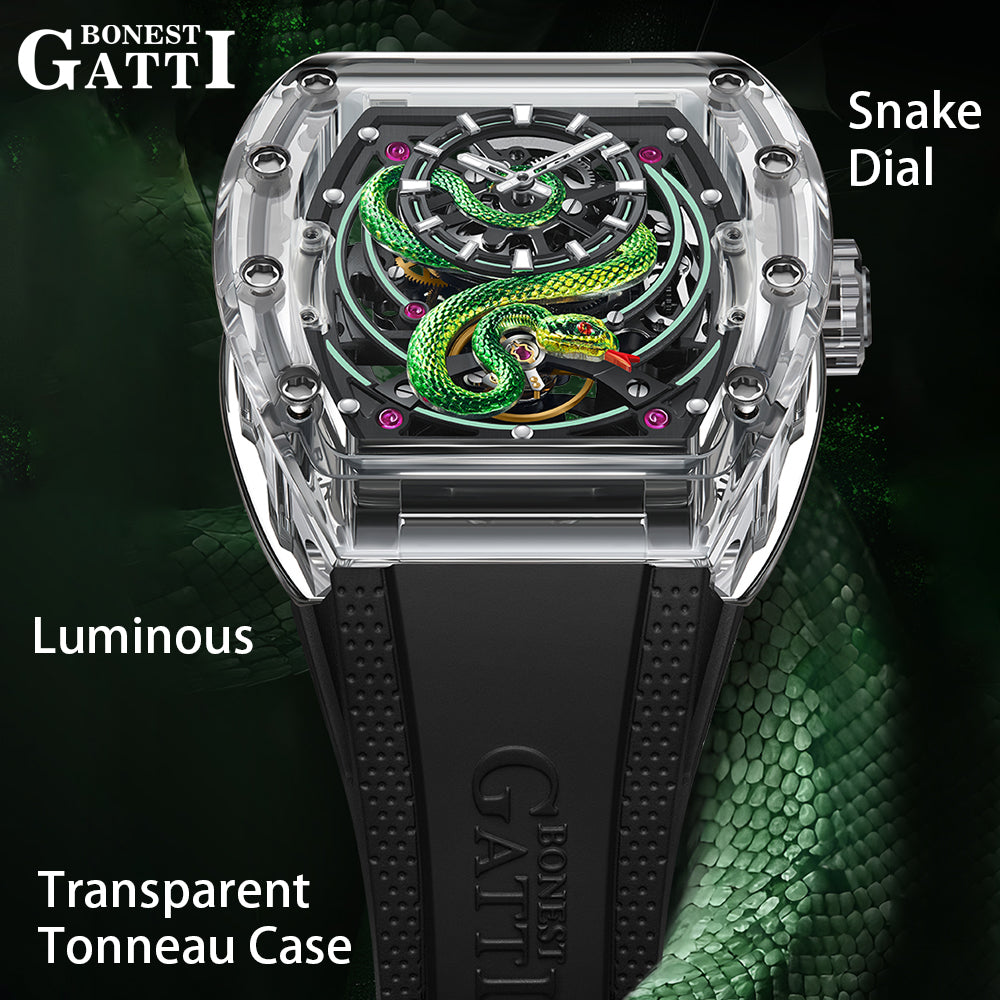 BONEST GATTI Transparent Tonneau Case 3D Snake Dial Skeleton Movement Fluororubber Strap Watch Luminous BG6004