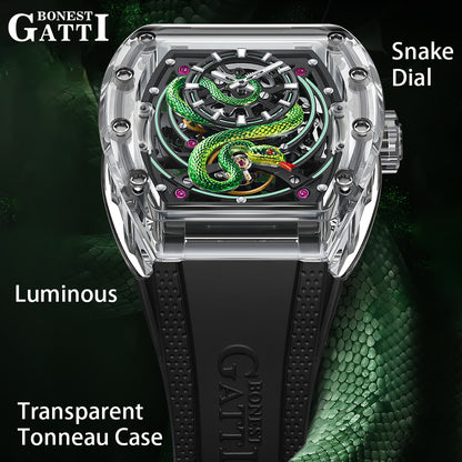 BONEST GATTI Transparent Tonneau Case 3D Snake Dial Skeleton Movement Fluororubber Strap Watch Luminous BG6004