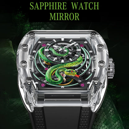BONEST GATTI Transparent Tonneau Case 3D Snake Dial Skeleton Movement Fluororubber Strap Watch Luminous BG6004