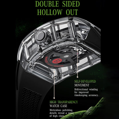 BONEST GATTI Transparent Tonneau Case 3D Snake Dial Skeleton Movement Fluororubber Strap Watch Luminous BG6004