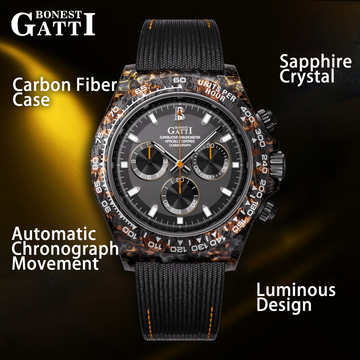 BONEST GATTI Carbon Fiber Automatic Chronograph Watch Self Wind Sapphire Crystal Luminous Waterproof Men Watch BG9010