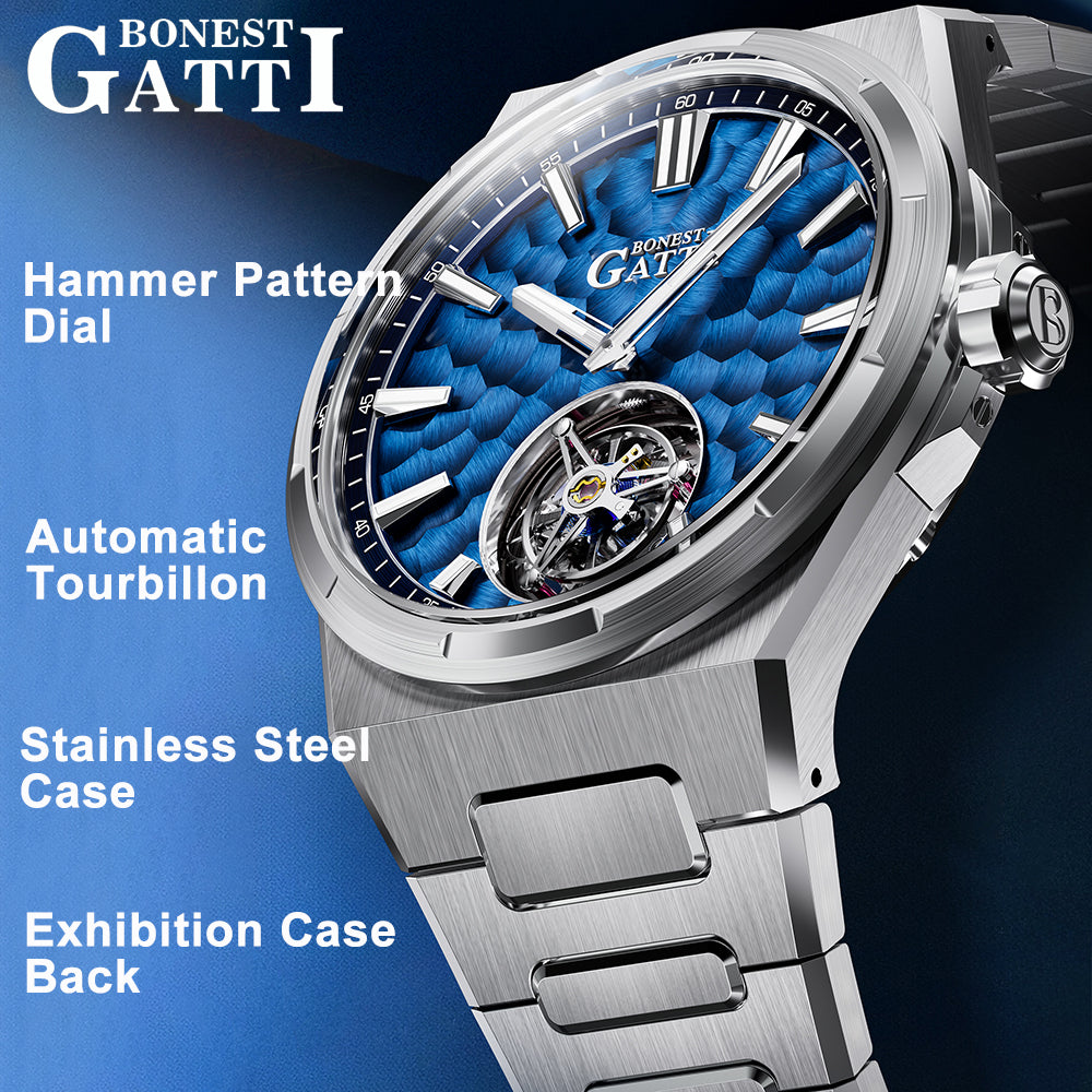 BONEST GATTI Hammer Pattern Automatic Tourbillon Watch Self Wind 80H Power Reserve Sapphire Crystal Luminous Watch BG7005