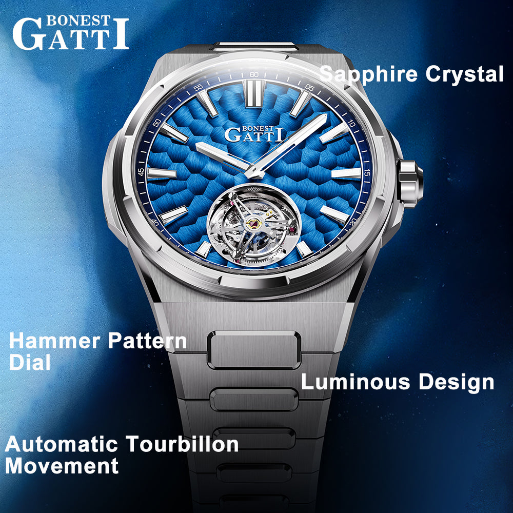 BONEST GATTI Hammer Pattern Automatic Tourbillon Watch Self Wind 80H Power Reserve Sapphire Crystal Luminous Watch BG7005