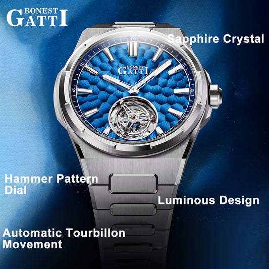 BONEST GATTI Hammer Pattern Automatic Tourbillon Watch Self Wind 80H Power Reserve Sapphire Crystal Luminous Watch BG7005