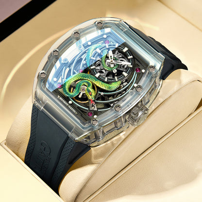 BONEST GATTI Transparent Tonneau Case 3D Snake Dial Skeleton Movement Fluororubber Strap Watch Luminous BG6004