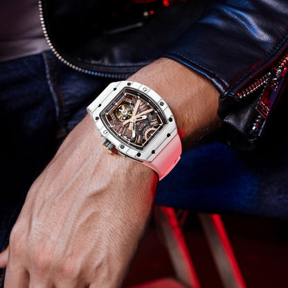 BONEST GATTI Automatic Tonneau Watch Phantom Black Warrior Dial Carbon Fiber Skeleton Self Wind Movement Sapphire Crystal Luminous Watch BG9008