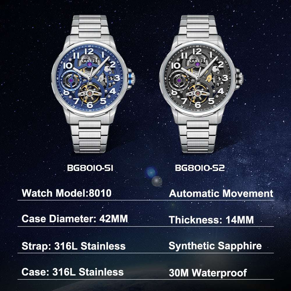 BONEST GATTI Automatic Skeleton Watch Self Wind Movement Sapphire Crystal Luminous Watch BG8010