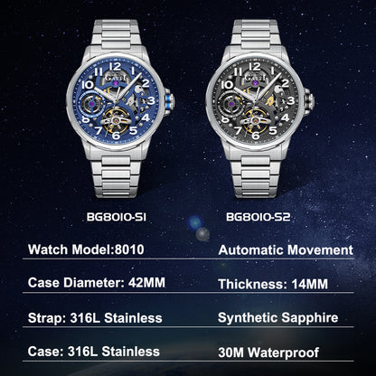 BONEST GATTI Automatic Skeleton Watch Self Wind Movement Sapphire Crystal Luminous Watch BG8010