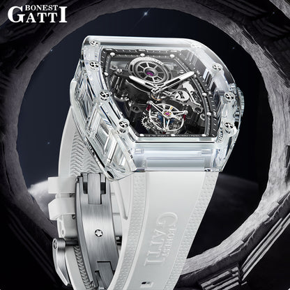 BONEST GATTI Tourbillon K9 Crystal Transparent Case Tonneau watch Skeleton Movement  Watch Fluororubber Strap BG7001