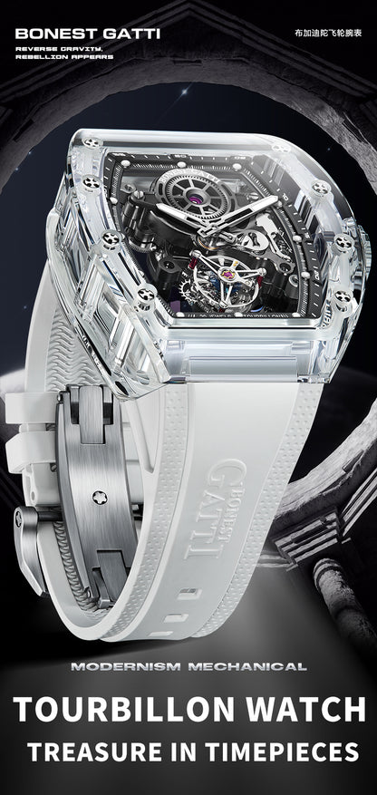 BONEST GATTI Tourbillon K9 Crystal Transparent Case Tonneau watch Skeleton Movement  Watch Fluororubber Strap BG7001