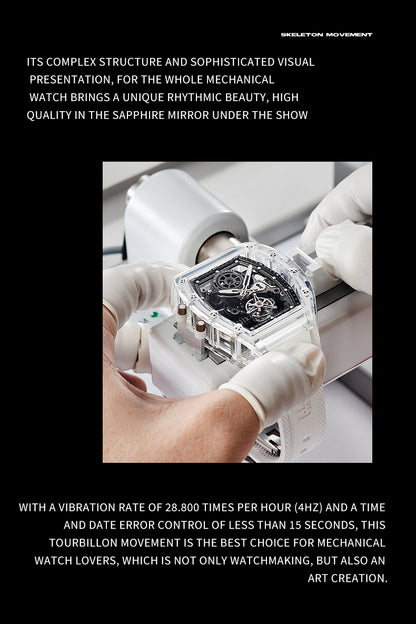 BONEST GATTI Tourbillon K9 Crystal Transparent Case Tonneau watch Skeleton Movement  Watch Fluororubber Strap BG7001