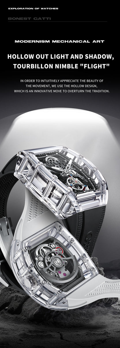 BONEST GATTI Tourbillon K9 Crystal Transparent Case Tonneau watch Skeleton Movement  Watch Fluororubber Strap BG7001