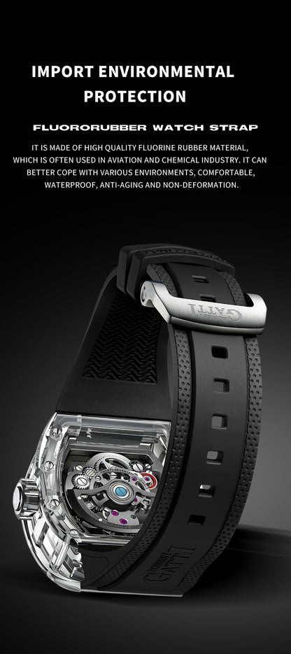 BONEST GATTI Tourbillon K9 Crystal Transparent Case Tonneau watch Skeleton Movement  Watch Fluororubber Strap BG7001