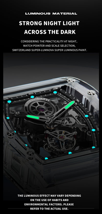 BONEST GATTI Tourbillon K9 Crystal Transparent Case Tonneau watch Skeleton Movement  Watch Fluororubber Strap BG7001