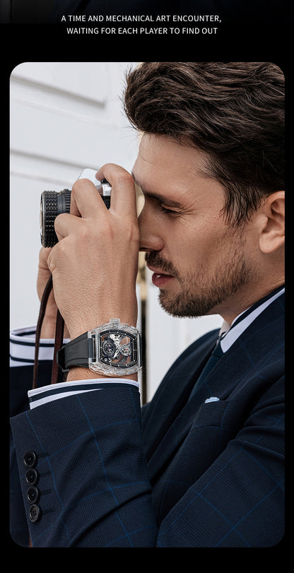 BONEST GATTI Tourbillon K9 Crystal Transparent Case Tonneau watch Skeleton Movement  Watch Fluororubber Strap BG7001