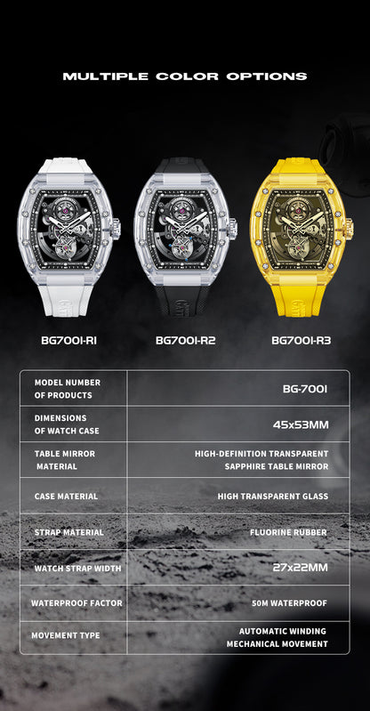 BONEST GATTI Tourbillon K9 Crystal Transparent Case Tonneau watch Skeleton Movement  Watch Fluororubber Strap BG7001