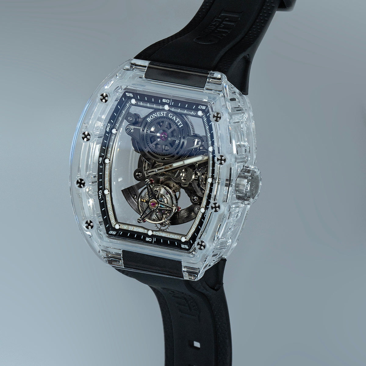 BONEST GATTI Tourbillon K9 Crystal Transparent Case Tonneau watch Skeleton Movement  Watch Fluororubber Strap BG7001
