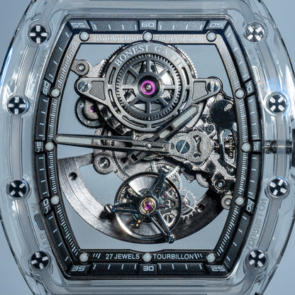 BONEST GATTI Tourbillon K9 Crystal Transparent Case Tonneau watch Skeleton Movement  Watch Fluororubber Strap BG7001
