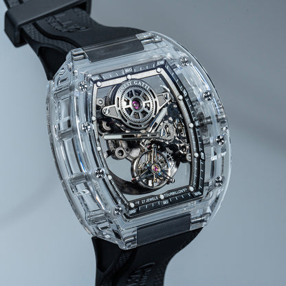 BONEST GATTI Tourbillon K9 Crystal Transparent Case Tonneau watch Skeleton Movement  Watch Fluororubber Strap BG7001