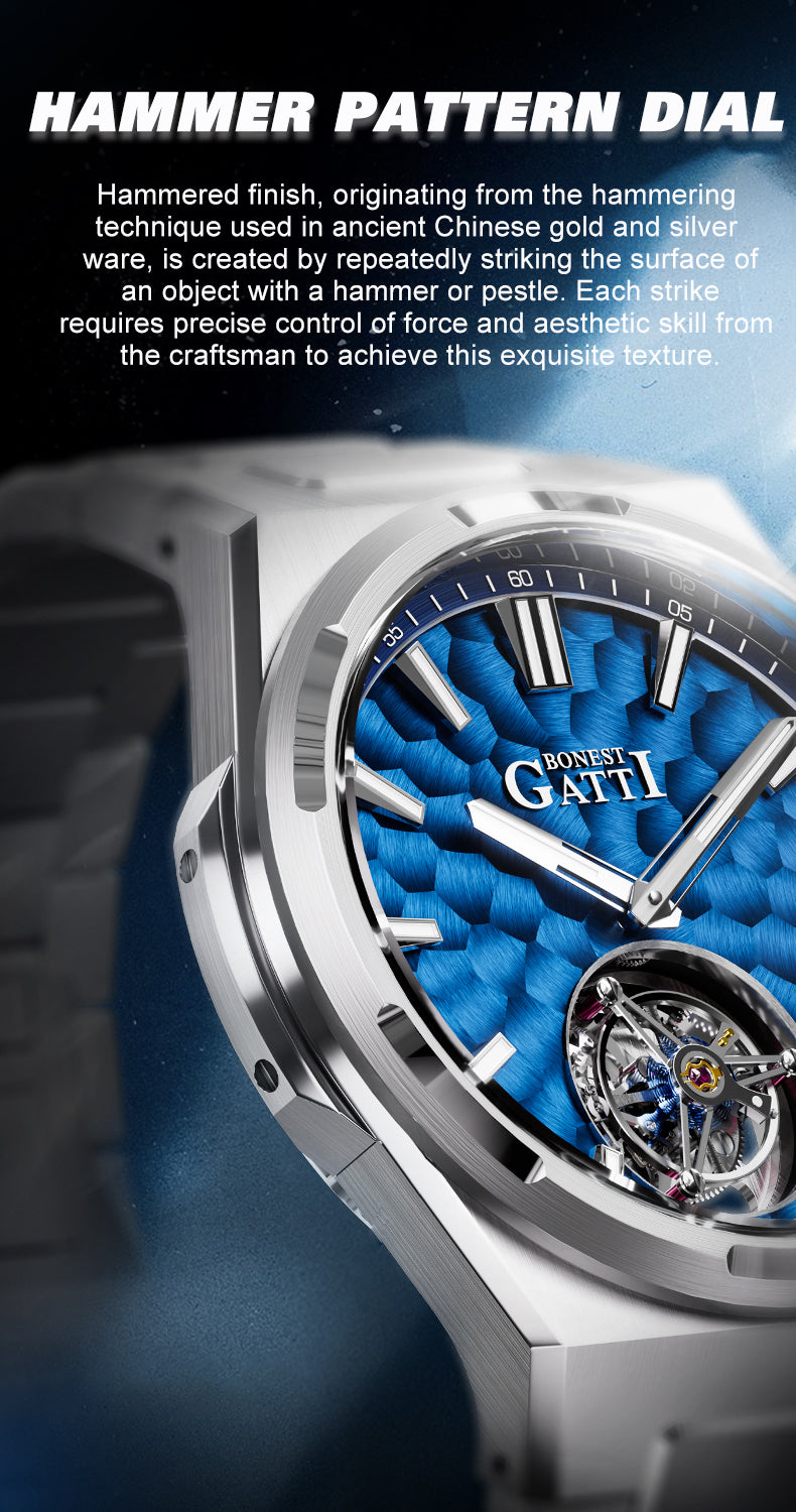 BONEST GATTI Hammer Pattern Automatic Tourbillon Watch Self Wind 80H Power Reserve Sapphire Crystal Luminous Watch BG7005