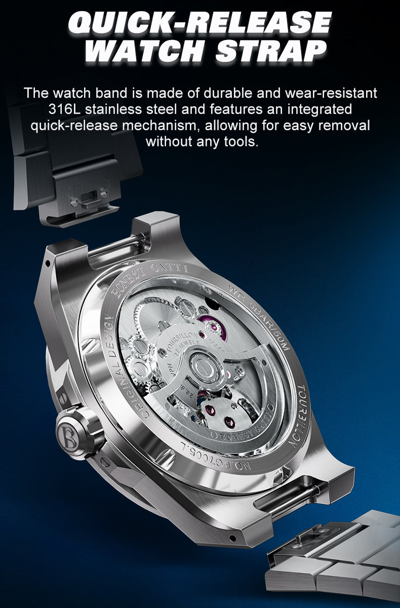 BONEST GATTI Hammer Pattern Automatic Tourbillon Watch Self Wind 80H Power Reserve Sapphire Crystal Luminous Watch BG7005