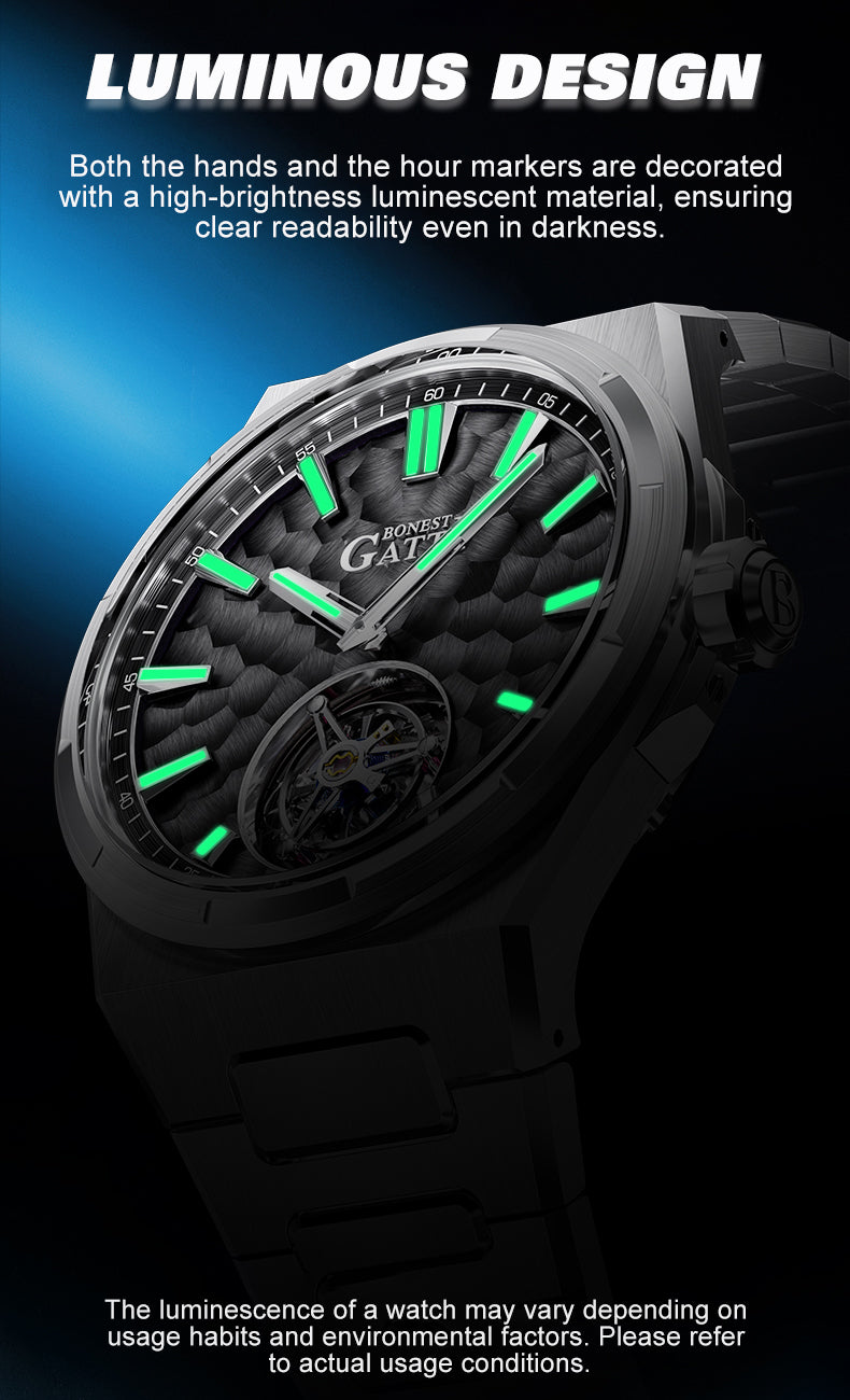 BONEST GATTI Hammer Pattern Automatic Tourbillon Watch Self Wind 80H Power Reserve Sapphire Crystal Luminous Watch BG7005