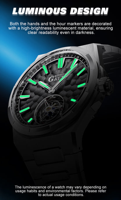 BONEST GATTI Hammer Pattern Automatic Tourbillon Watch Self Wind 80H Power Reserve Sapphire Crystal Luminous Watch BG7005