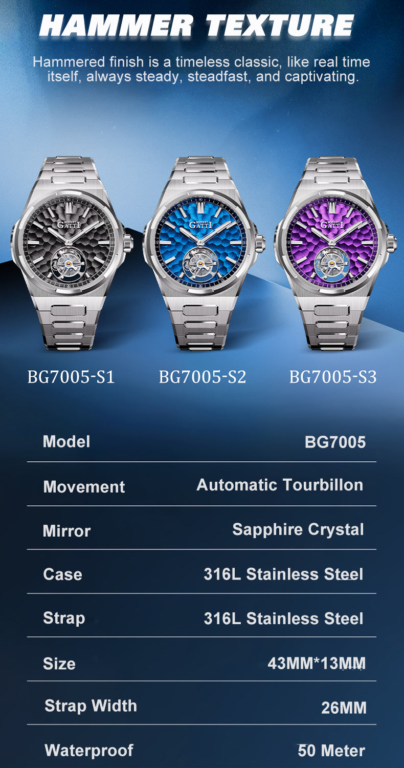 BONEST GATTI Hammer Pattern Automatic Tourbillon Watch Self Wind 80H Power Reserve Sapphire Crystal Luminous Watch BG7005