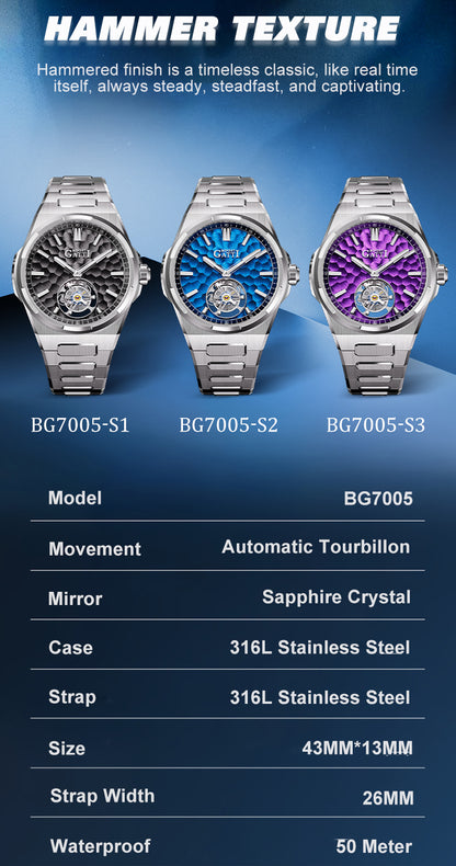 BONEST GATTI Hammer Pattern Automatic Tourbillon Watch Self Wind 80H Power Reserve Sapphire Crystal Luminous Watch BG7005