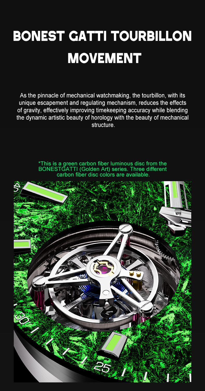 BONEST GATTI Carbon Fiber Luminous Dial Automatic Tourbillon Watch Self Wind Sapphire Crystal Men Watch BG7006