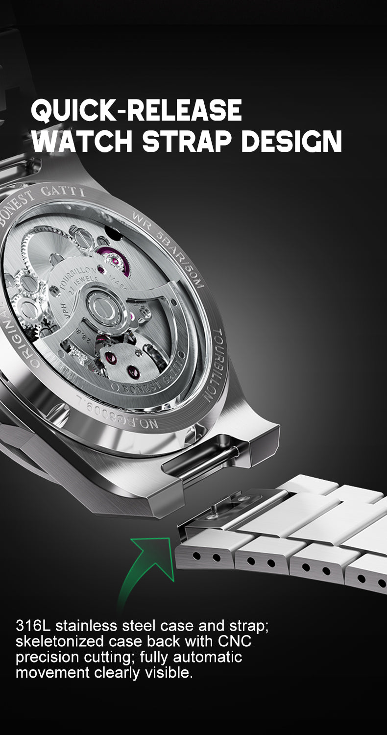 BONEST GATTI Carbon Fiber Luminous Dial Automatic Tourbillon Watch Self Wind Sapphire Crystal Men Watch BG7006