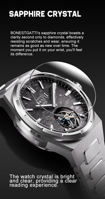 BONEST GATTI Carbon Fiber Luminous Dial Automatic Tourbillon Watch Self Wind Sapphire Crystal Men Watch BG7006