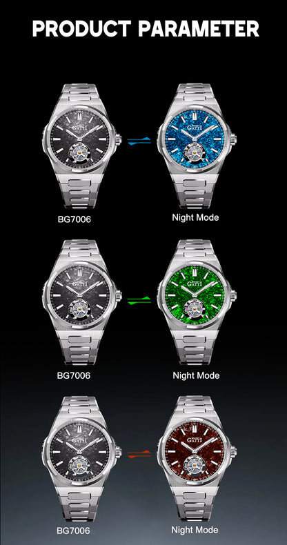 BONEST GATTI Carbon Fiber Luminous Dial Automatic Tourbillon Watch Self Wind Sapphire Crystal Men Watch BG7006